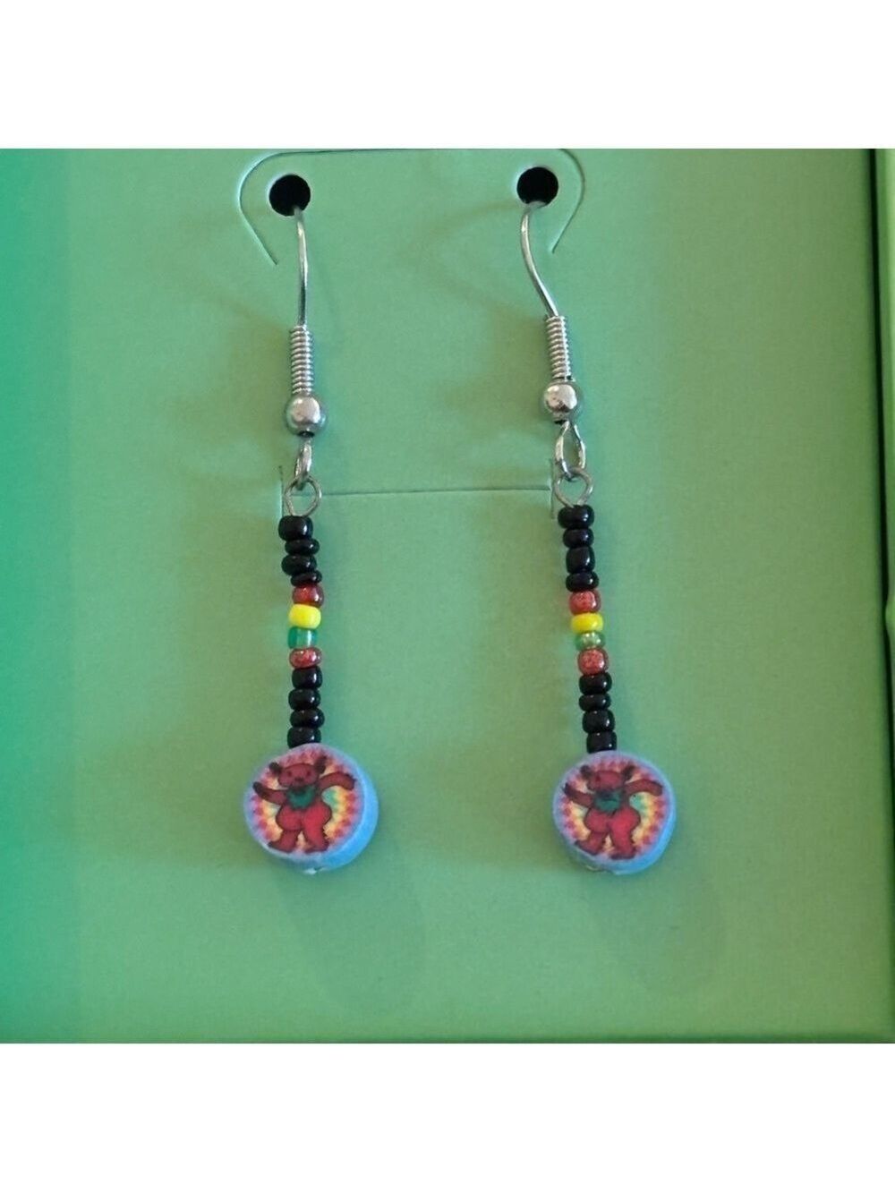Earrings! Dancing Rock n Roll Bear with Tie die and Colorful Beaded